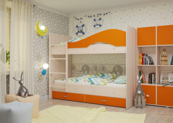 Кровать Мая двухъярусная с ящикамиМлечный дуб/Оранжевый в Агролесе - agroles.mebel54.com | фото